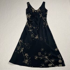 Vtg 90s 100% Silk Black Midi Slip Dress Whimsical Goth